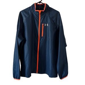 Under Armour UA Run All Season Windbreaker Zip Up Mens Size XL Dark Blue Orange